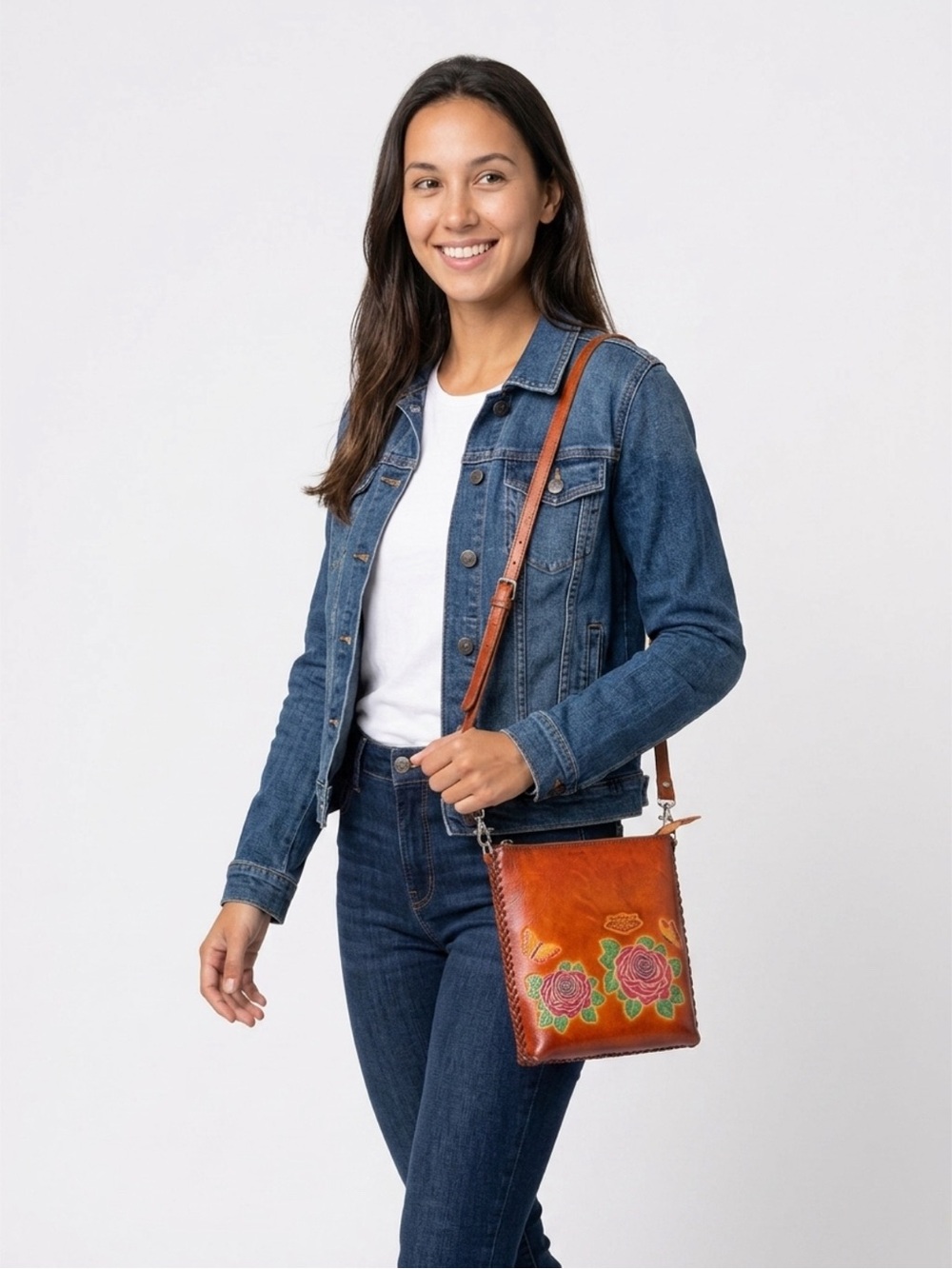 Unk Brown Leather Crossbody with Hand-Painted Floral Motif